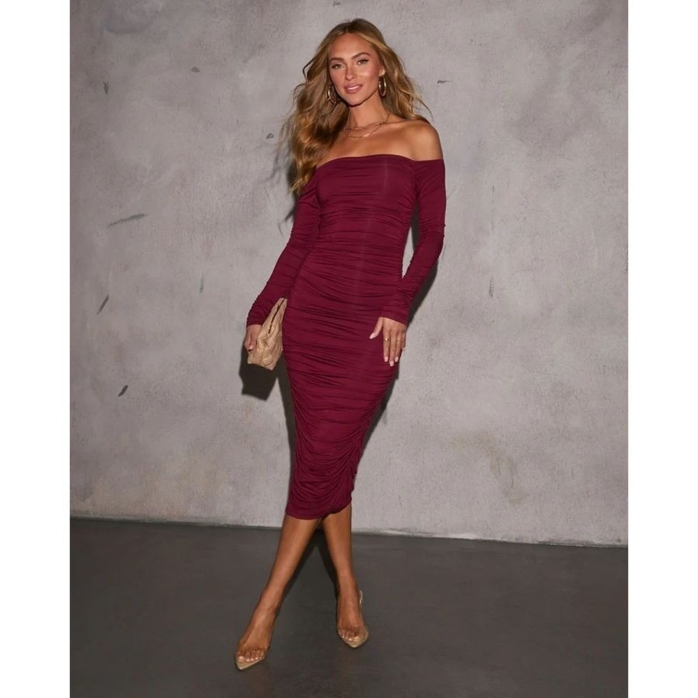 Vici NEW Twas The Night Drape Off The Shoulder Midi‎ Dress - Wine / XL